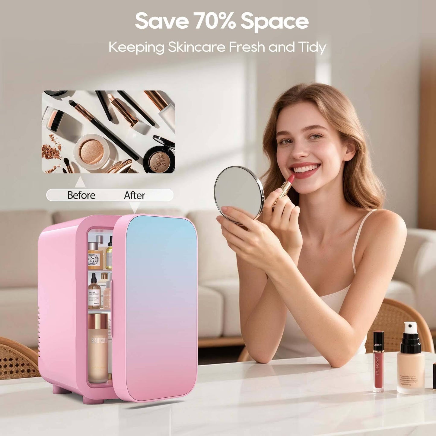 BEICHEN Mini Fridge, 6 Liter/8 Can Skincare Fridge, 110V AC/DC Portable Thermoelectric Cooler & Warmer Refrigerators for Bedroom, Dorm, Office, Car, Pink