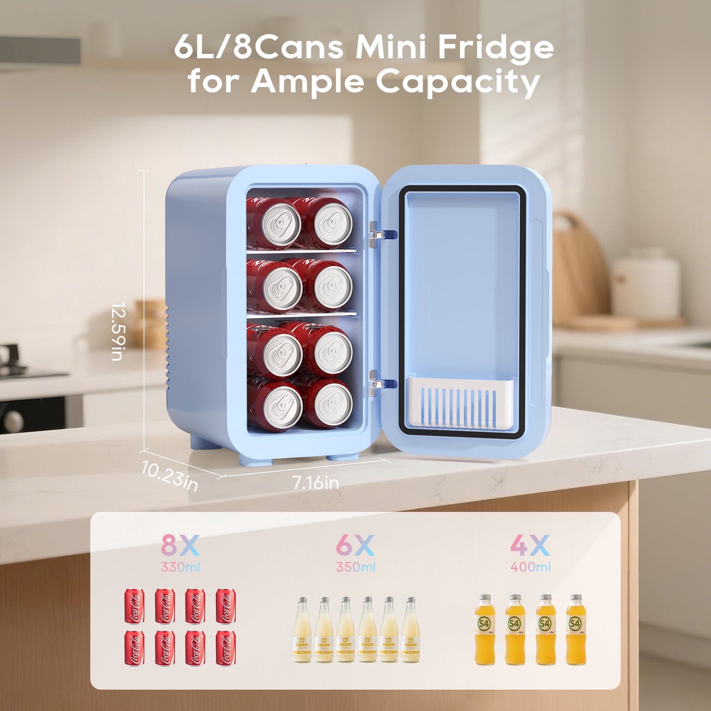 BEICHEN Mini Fridge, 6 Liter/8 Can Skincare Fridge, 110V AC/DC Portable Thermoelectric Cooler & Warmer Refrigerators for Bedroom, Dorm, Office, Car, Blue
