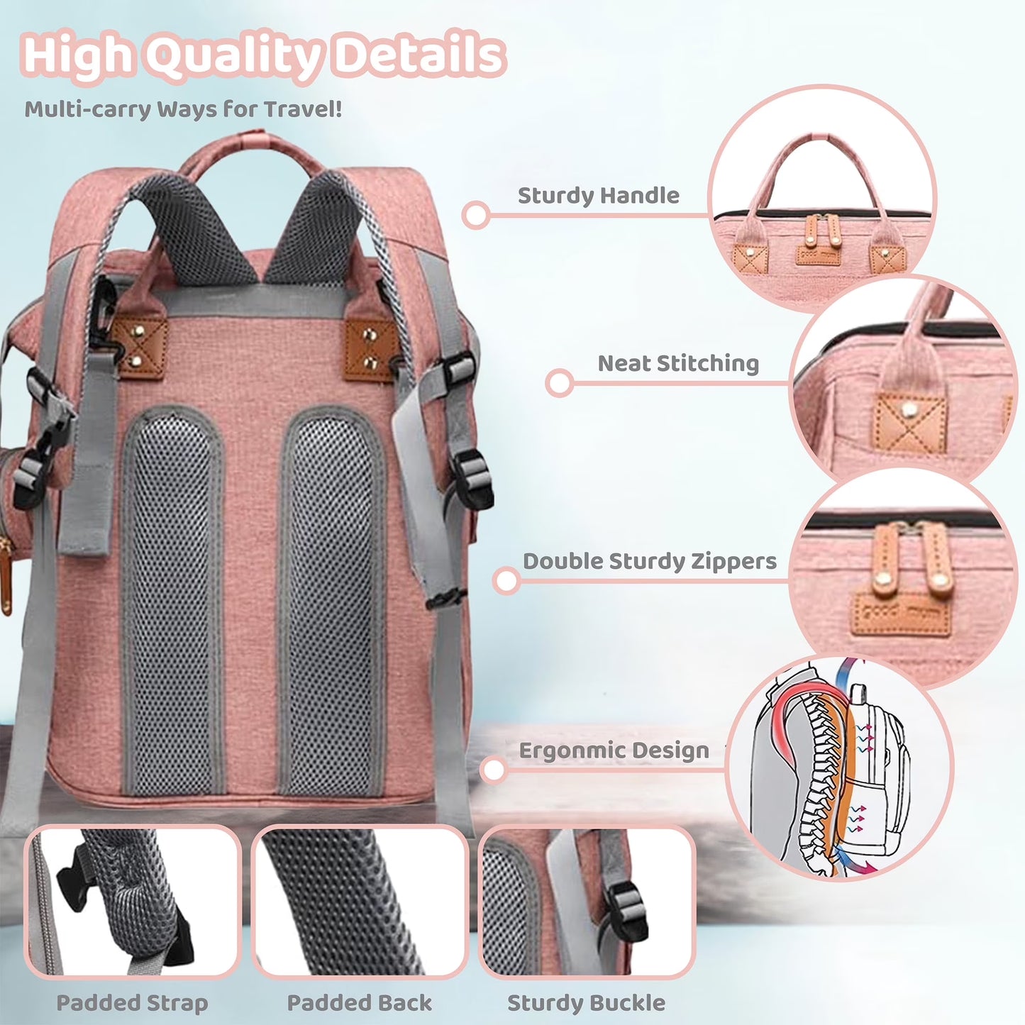 Morfone Diaper Bag Backpack with Changing Station, Waterproof Large Capacity Baby Bag with USB Charging Port & Pacifier Case - Unisex, Pink Gray