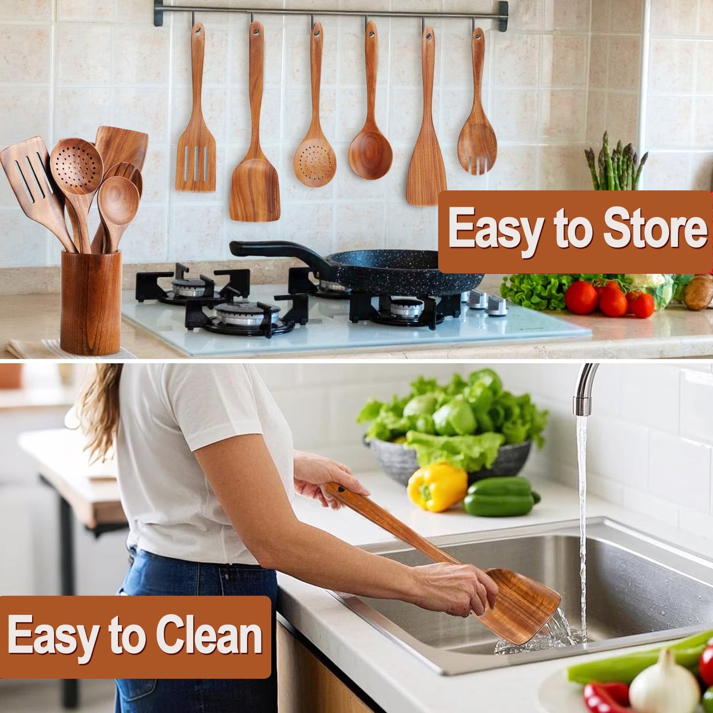 ACMETOP Wooden Spoons for Cooking, 5 Pcs Natural Teak Kitchen Utensil Set , Wooden Cooking Utensils Set for Nonstick Pans & Cookware