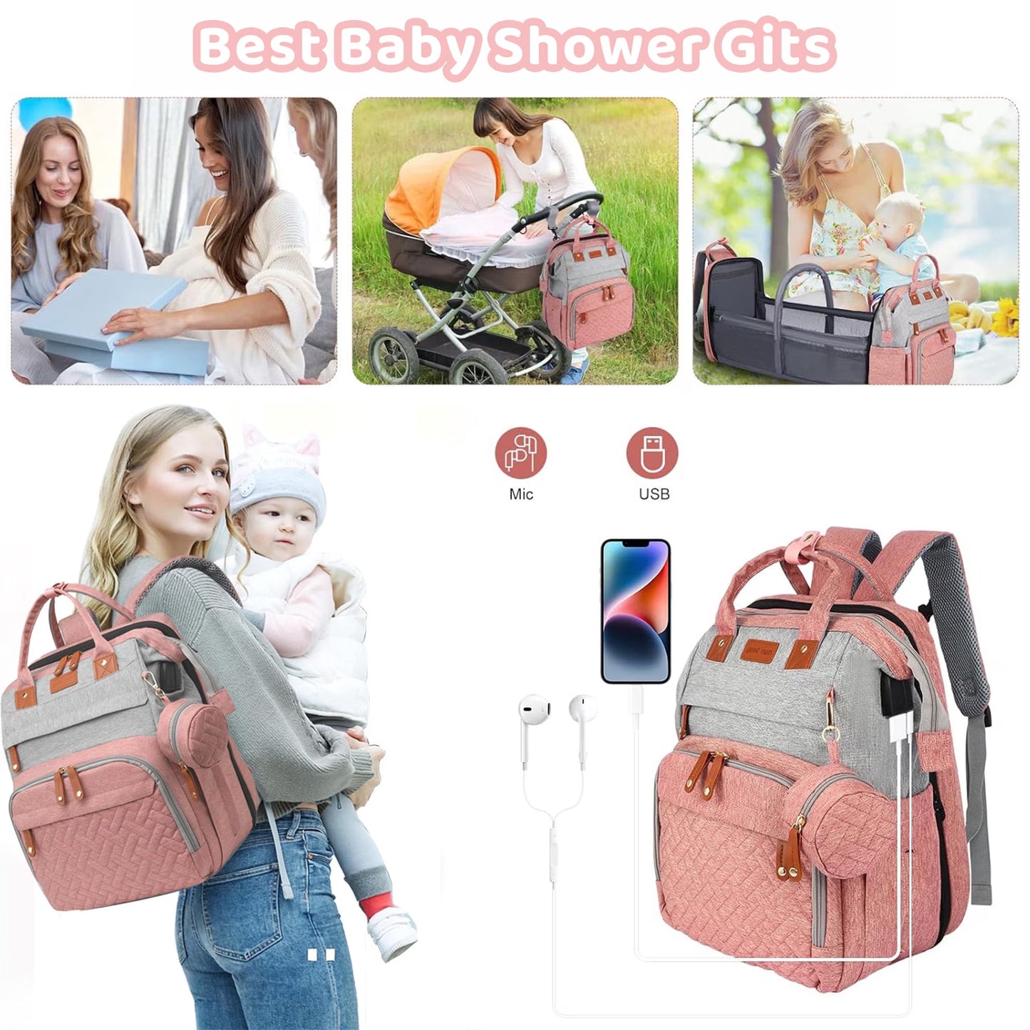Morfone Diaper Bag Backpack with Changing Station, Waterproof Large Capacity Baby Bag with USB Charging Port & Pacifier Case - Unisex, Pink Gray
