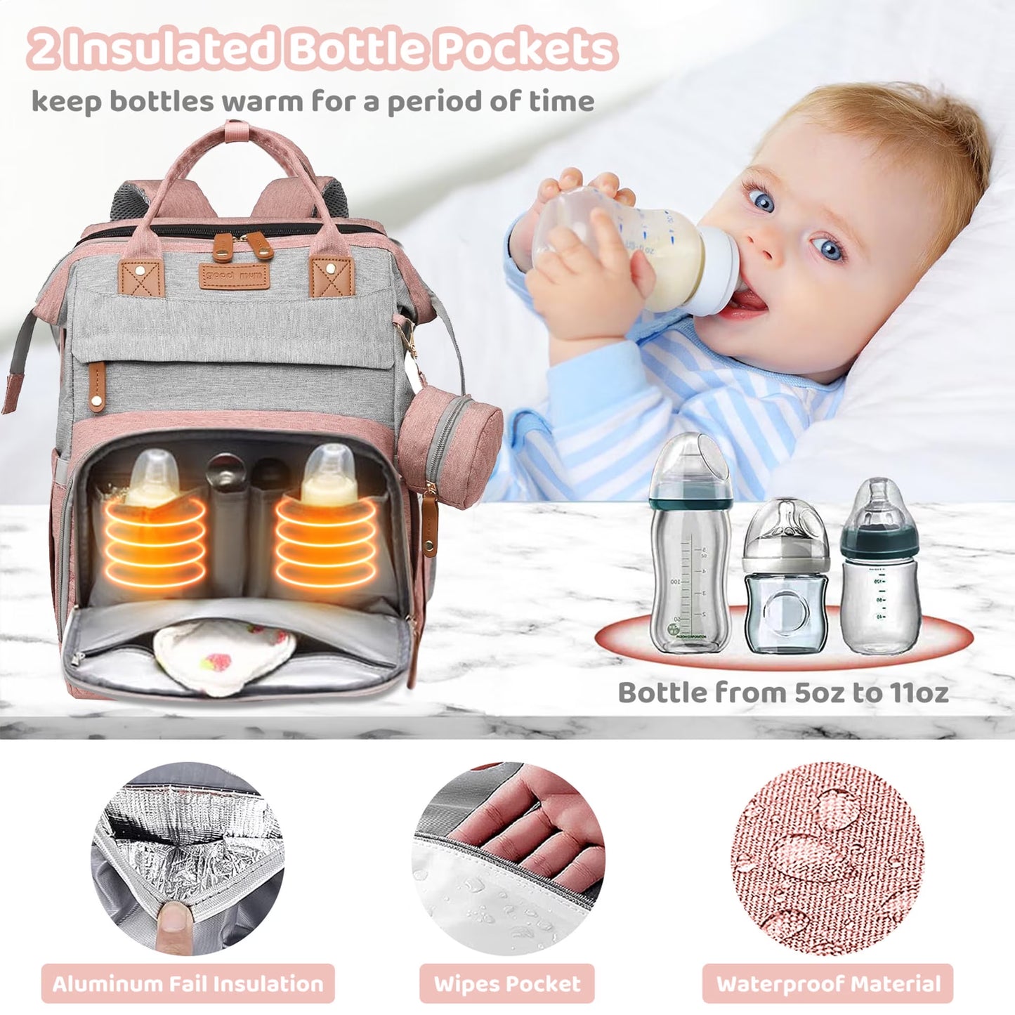 Morfone Diaper Bag Backpack with Changing Station, Waterproof Large Capacity Baby Bag with USB Charging Port & Pacifier Case - Unisex, Pink Gray