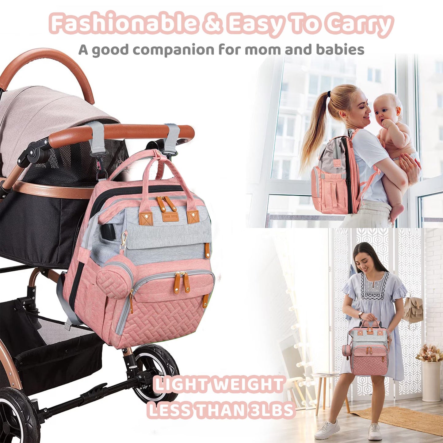 Morfone Diaper Bag Backpack with Changing Station, Waterproof Large Capacity Baby Bag with USB Charging Port & Pacifier Case - Unisex, Pink Gray