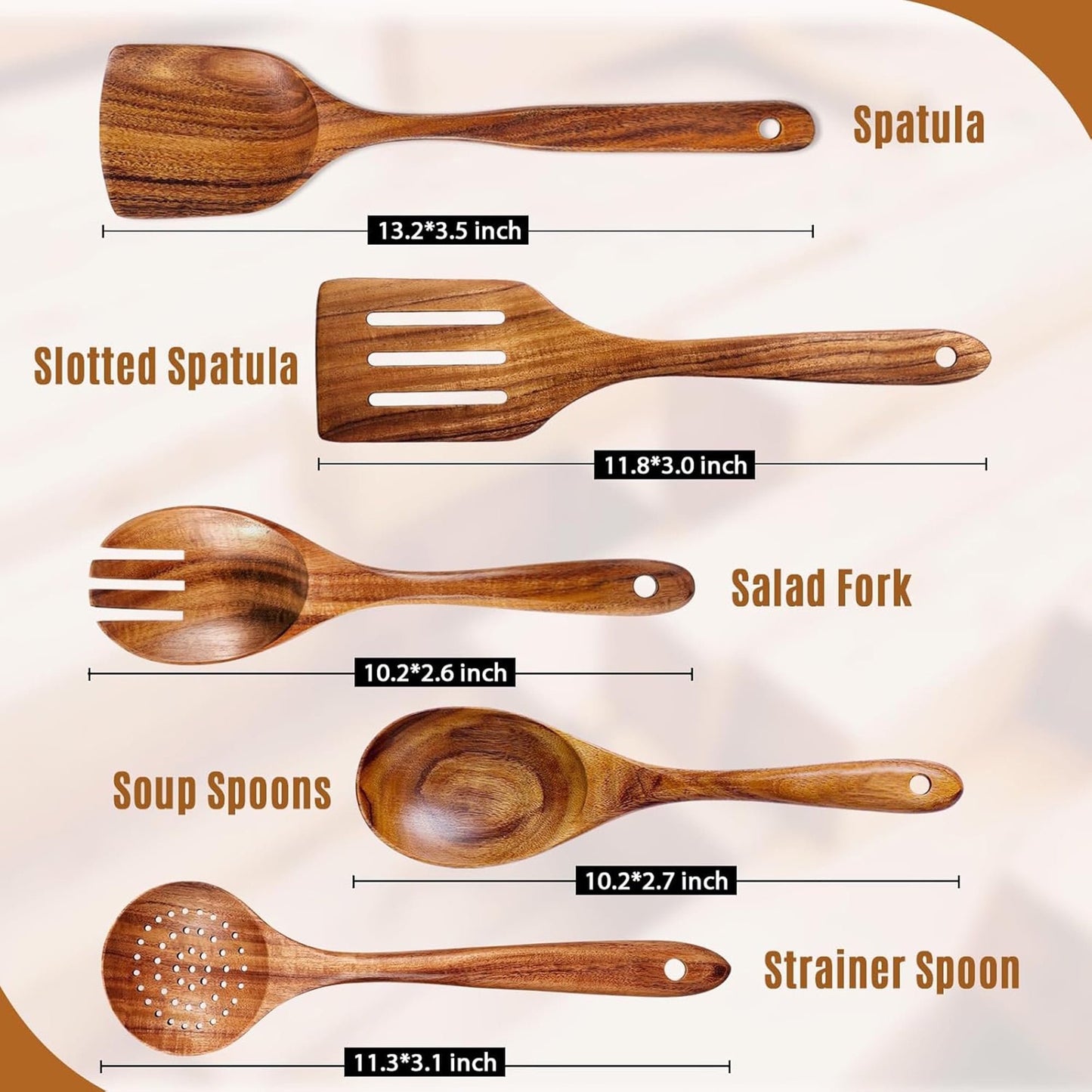 ACMETOP Wooden Spoons for Cooking, 5 Pcs Natural Teak Kitchen Utensil Set , Wooden Cooking Utensils Set for Nonstick Pans & Cookware