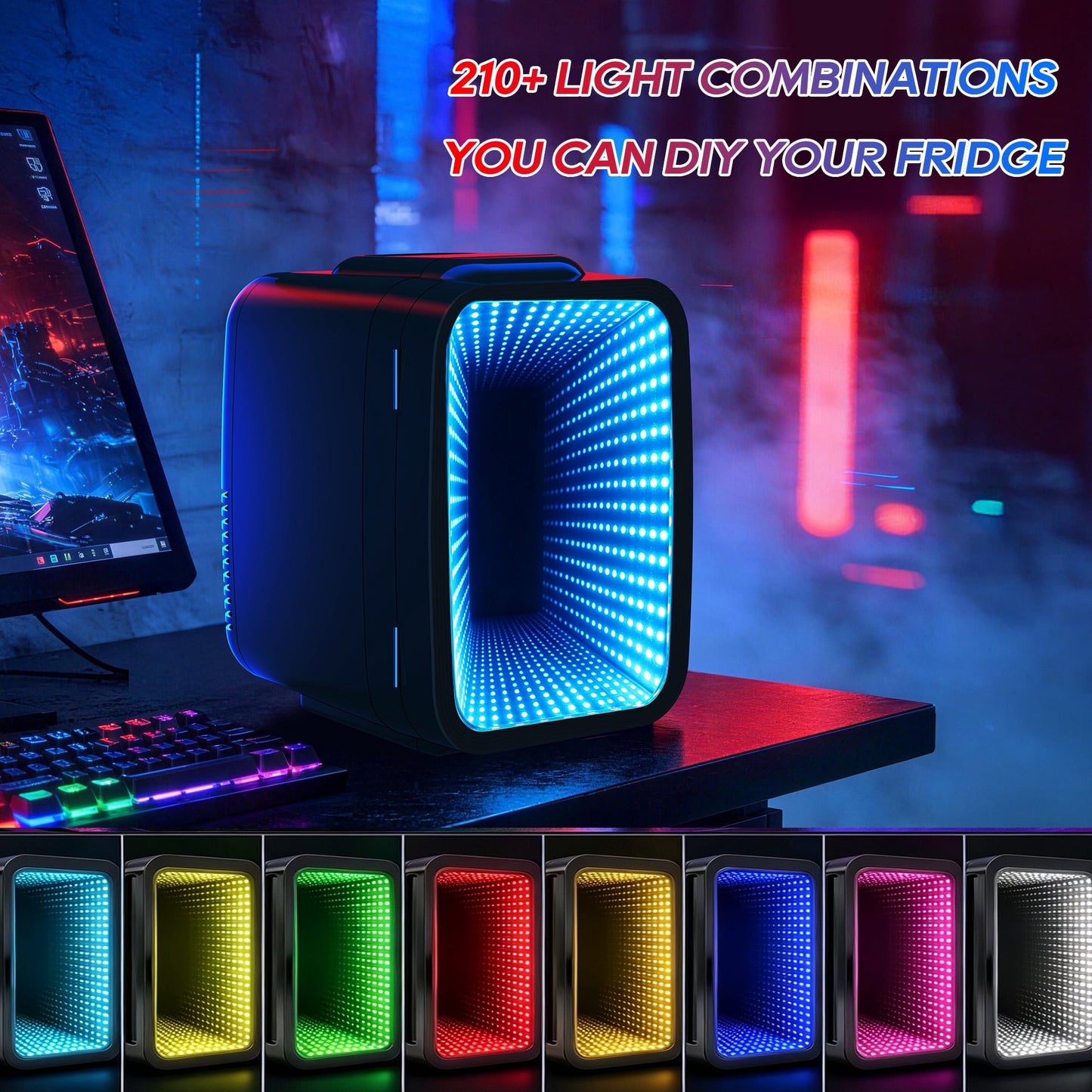 BEICHEN Mini Fridge, 4L/6 Can Small Beverage Refrigerator with LED Gaming Light, AC/DC Portable Cooler & Warmer for Bedroom, Office, Dorm, Car - Black