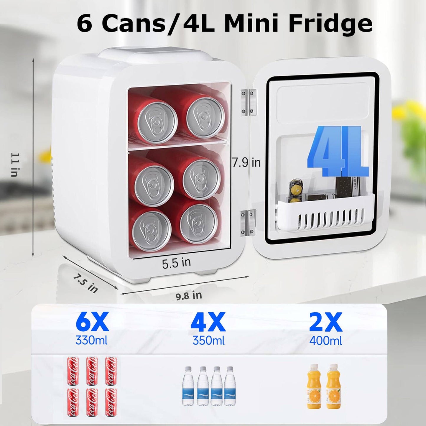 BEICHEN Mini Fridge, 4L/6 Can Small Refrigerator for Bedroom, Car, Office & Dorm,110V AC/ 12V DC Thermoelectric Cooler and Warmer for Cosmetics, Beverage and Food, White
