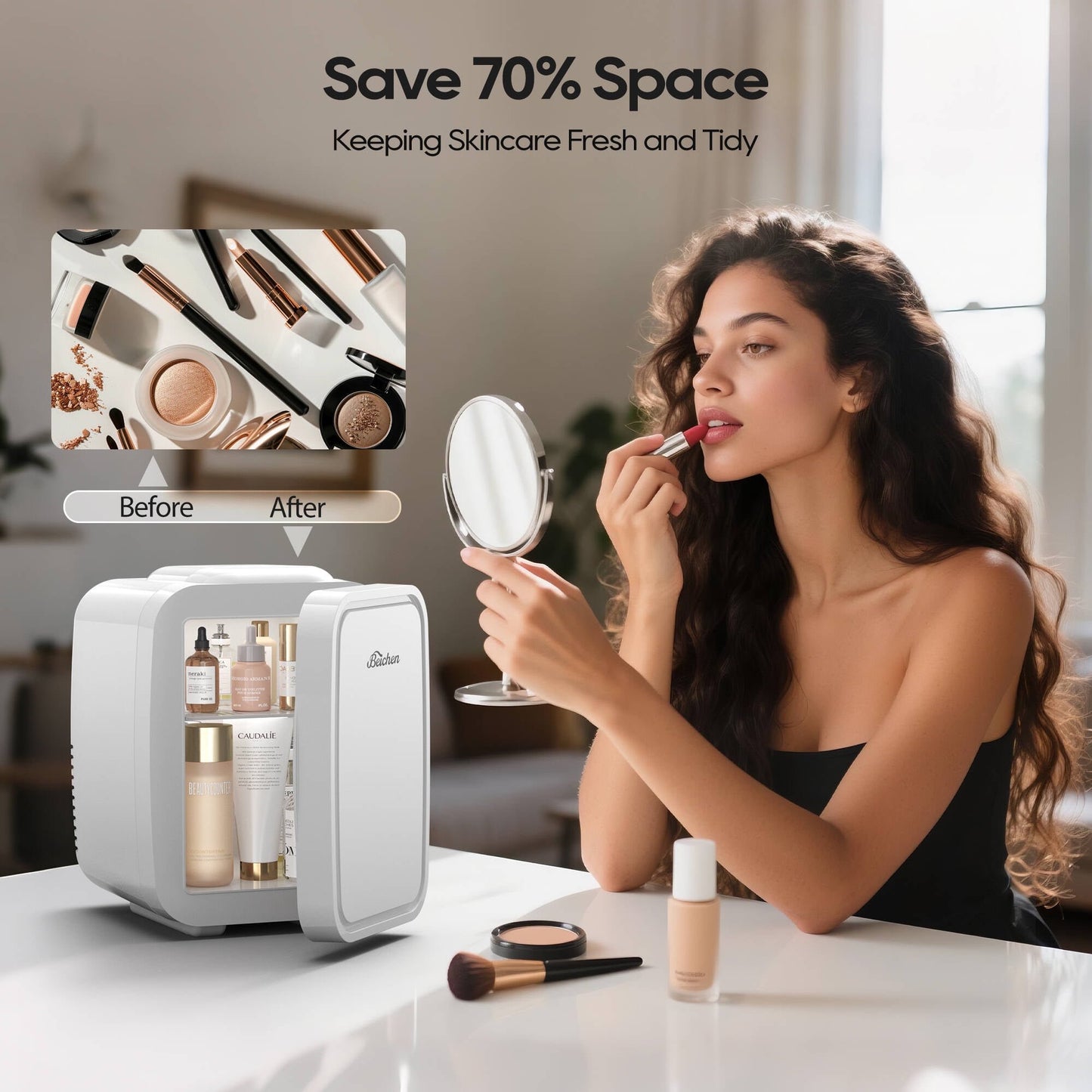 BEICHEN Mini Fridge, 4L/6 Can Small Refrigerator for Bedroom, Car, Office & Dorm,110V AC/ 12V DC Thermoelectric Cooler and Warmer for Cosmetics, Beverage and Food, White