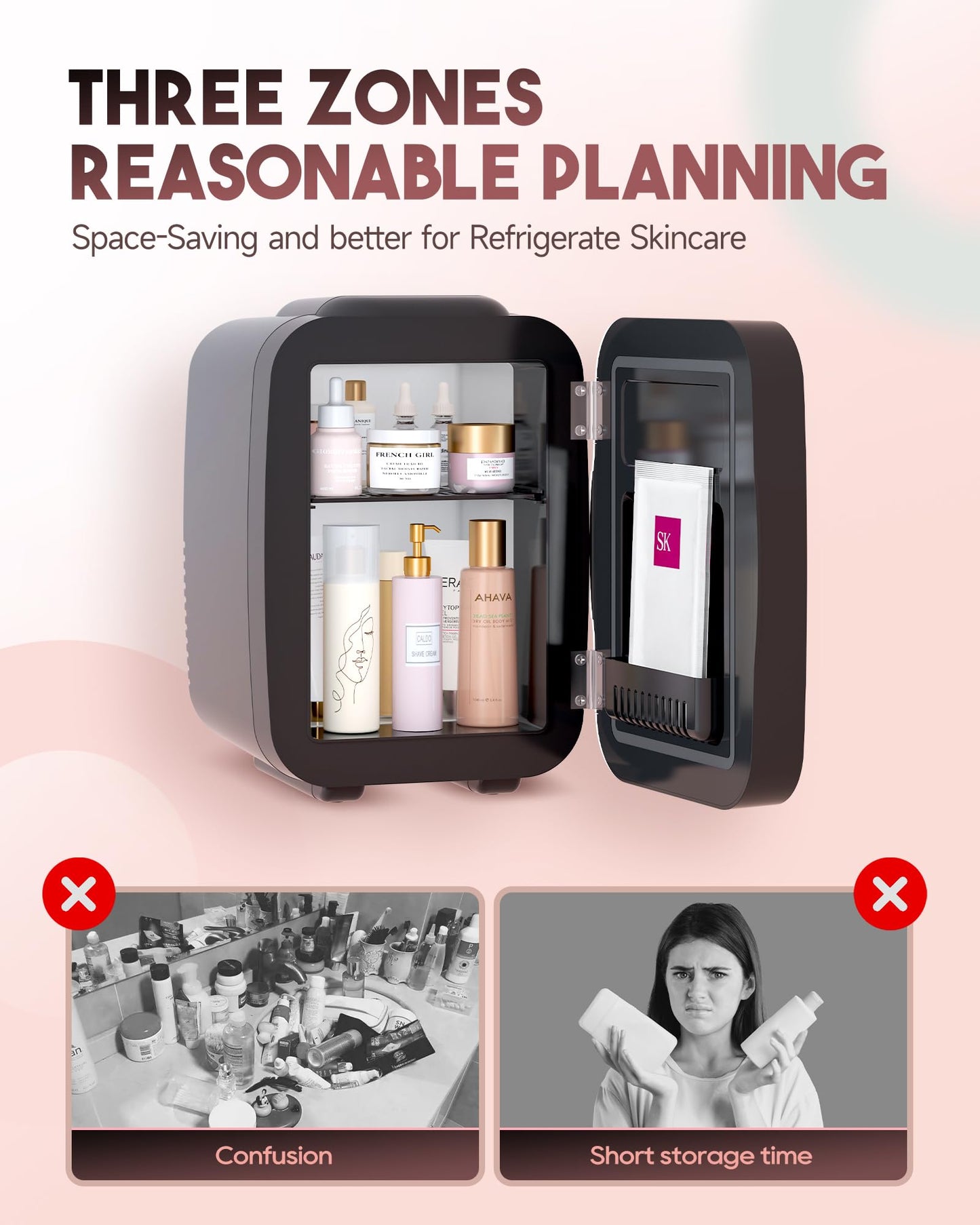 Black Skincare Fridge | Dimmable LED Mirror Mini Cooler for Vanity & Bedroom