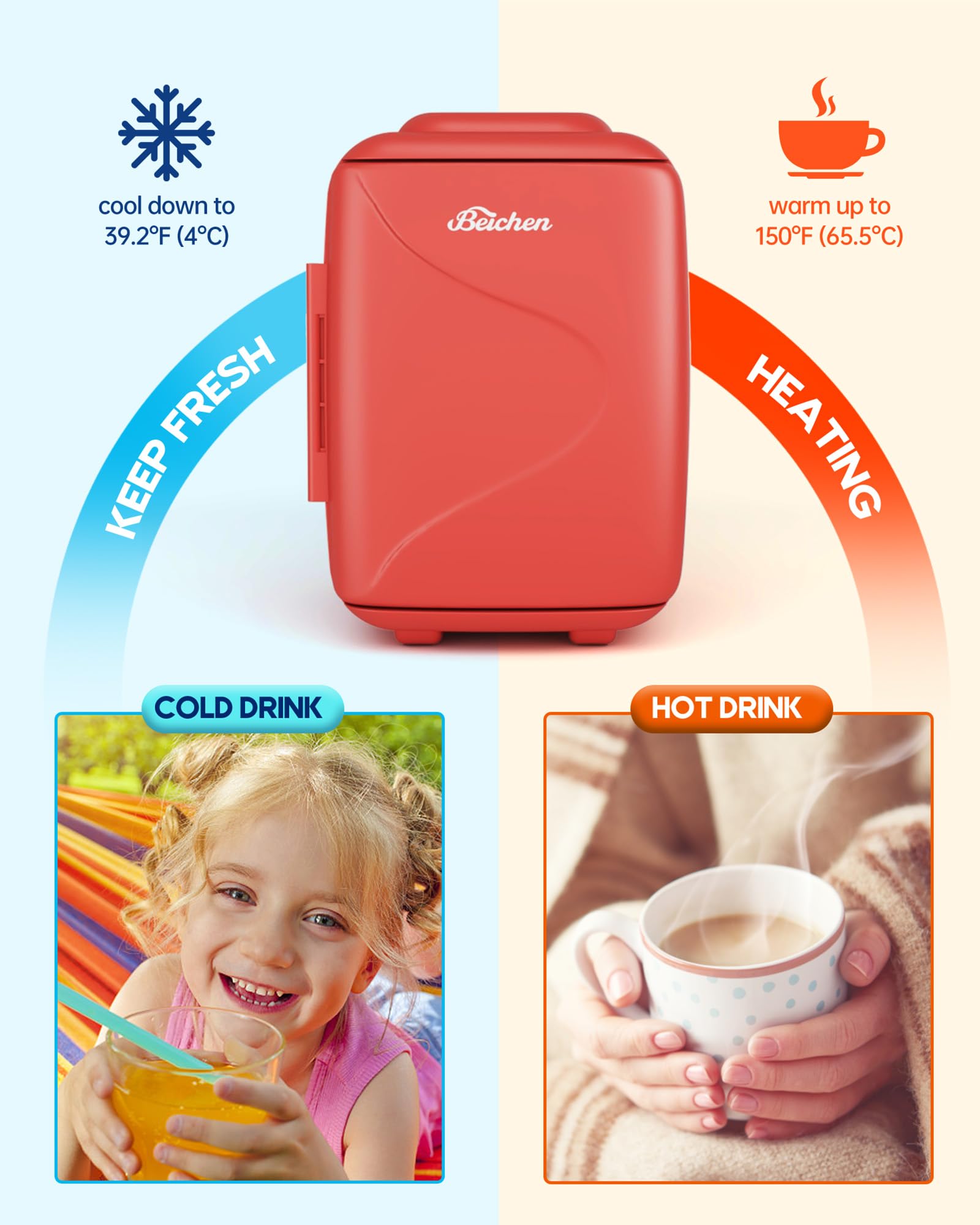 Red Mini Fridge for Bedroom, 4L Portable Refrigerator for Drinks & Skincare