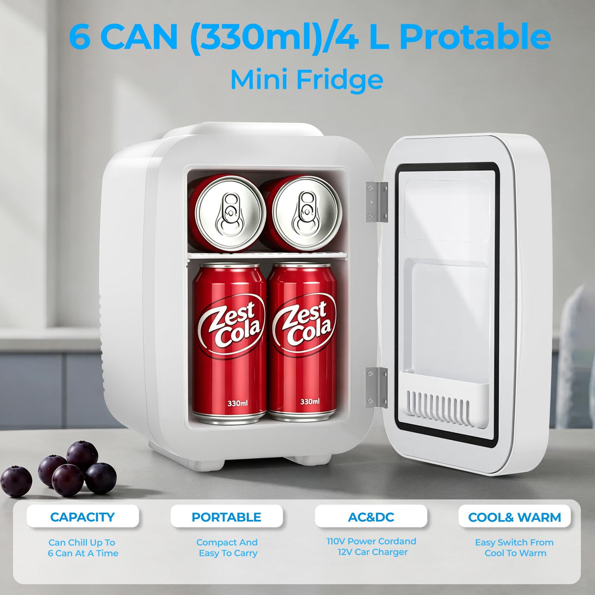 BEICHEN Mini Fridge, 4 L/6 Can Small Fridge for Bedroom, Car, Office, AC/DC