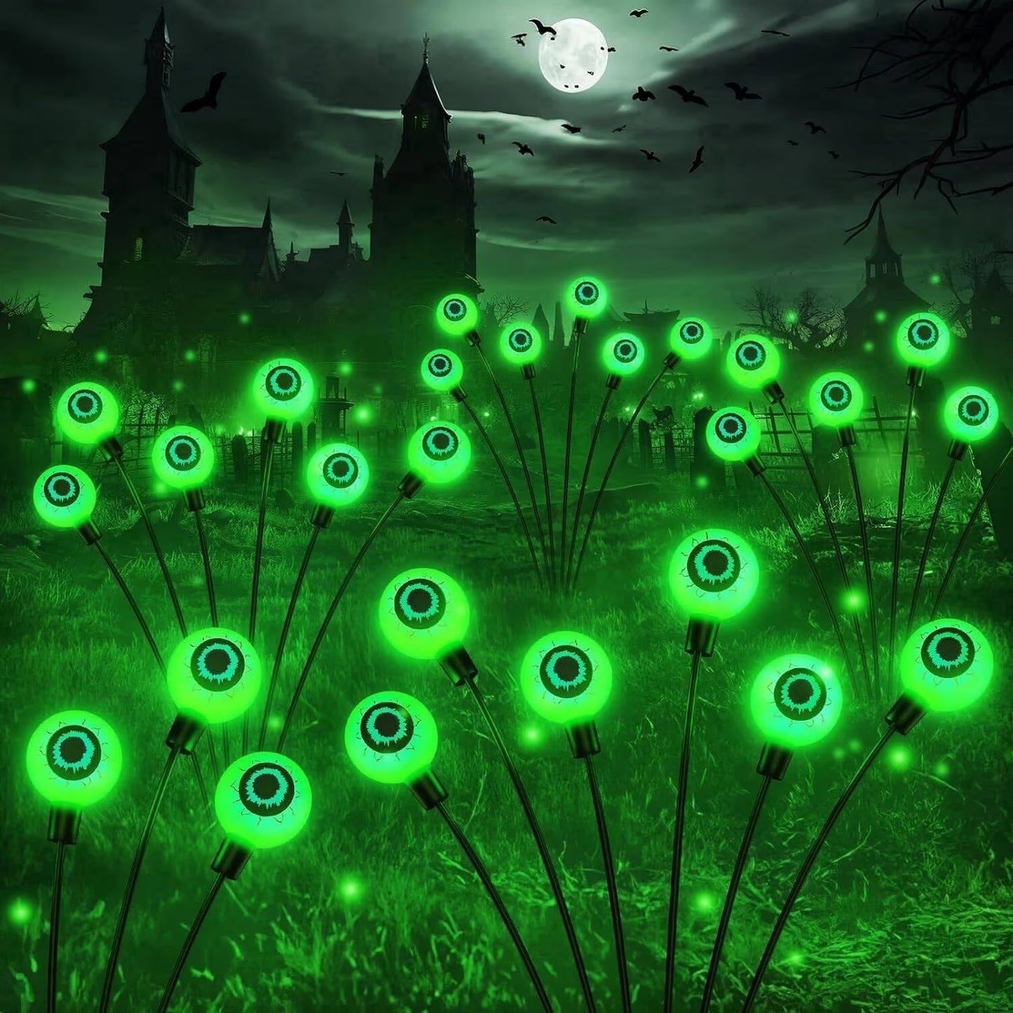 Morfone Halloween Decorations Outdoor, 2 Pack 12 LEDs Solar Scary Eyeball Lights, Waterproof Eyeball Swaying Firefly Lights, Halloween Path Lights for Garden Yard Party, Green