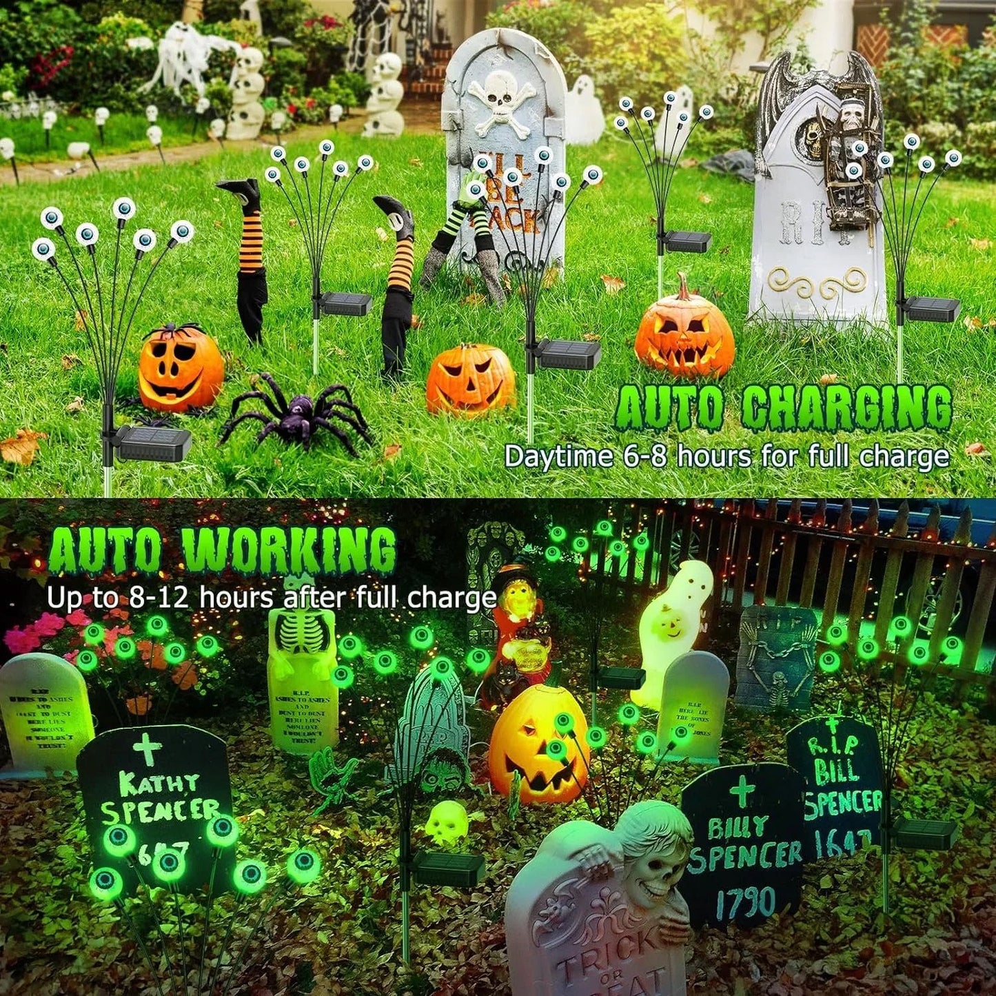 Morfone Halloween Decorations Outdoor, 2 Pack 12 LEDs Solar Scary Eyeball Lights, Waterproof Eyeball Swaying Firefly Lights, Halloween Path Lights for Garden Yard Party, Green