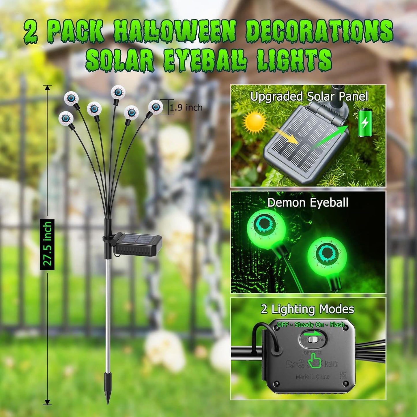 Morfone Halloween Decorations Outdoor, 2 Pack 12 LEDs Solar Scary Eyeball Lights, Waterproof Eyeball Swaying Firefly Lights, Halloween Path Lights for Garden Yard Party, Green