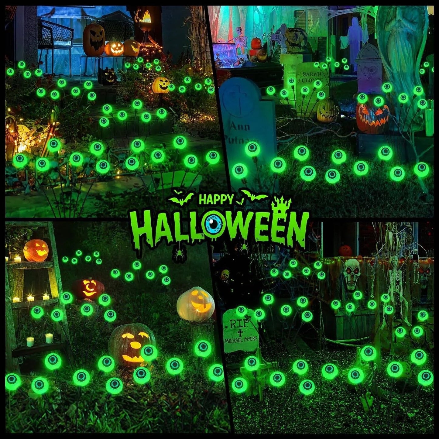 Morfone Halloween Decorations Outdoor, 2 Pack 12 LEDs Solar Scary Eyeball Lights, Waterproof Eyeball Swaying Firefly Lights, Halloween Path Lights for Garden Yard Party, Green