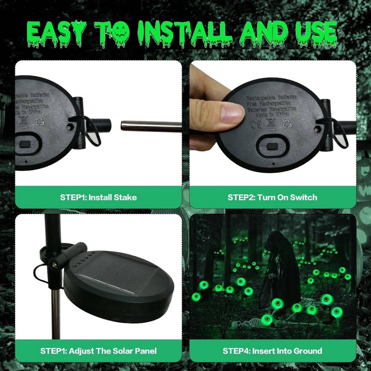 Morfone Halloween Decorations Outdoor, 2 Pack 12 LEDs Solar Scary Eyeball Lights, Waterproof Eyeball Swaying Firefly Lights, Halloween Path Lights for Garden Yard Party, Green