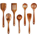 Anoak Wooden Spoons for Cooking - 7pc Wooden Kitchen Utensil Set made of Natural Solid Wood Material - Includes Spoons, Spatulas, Ladles, Strainer Spoon, Salad Fork, Mixing Spoon and Utensil Holder