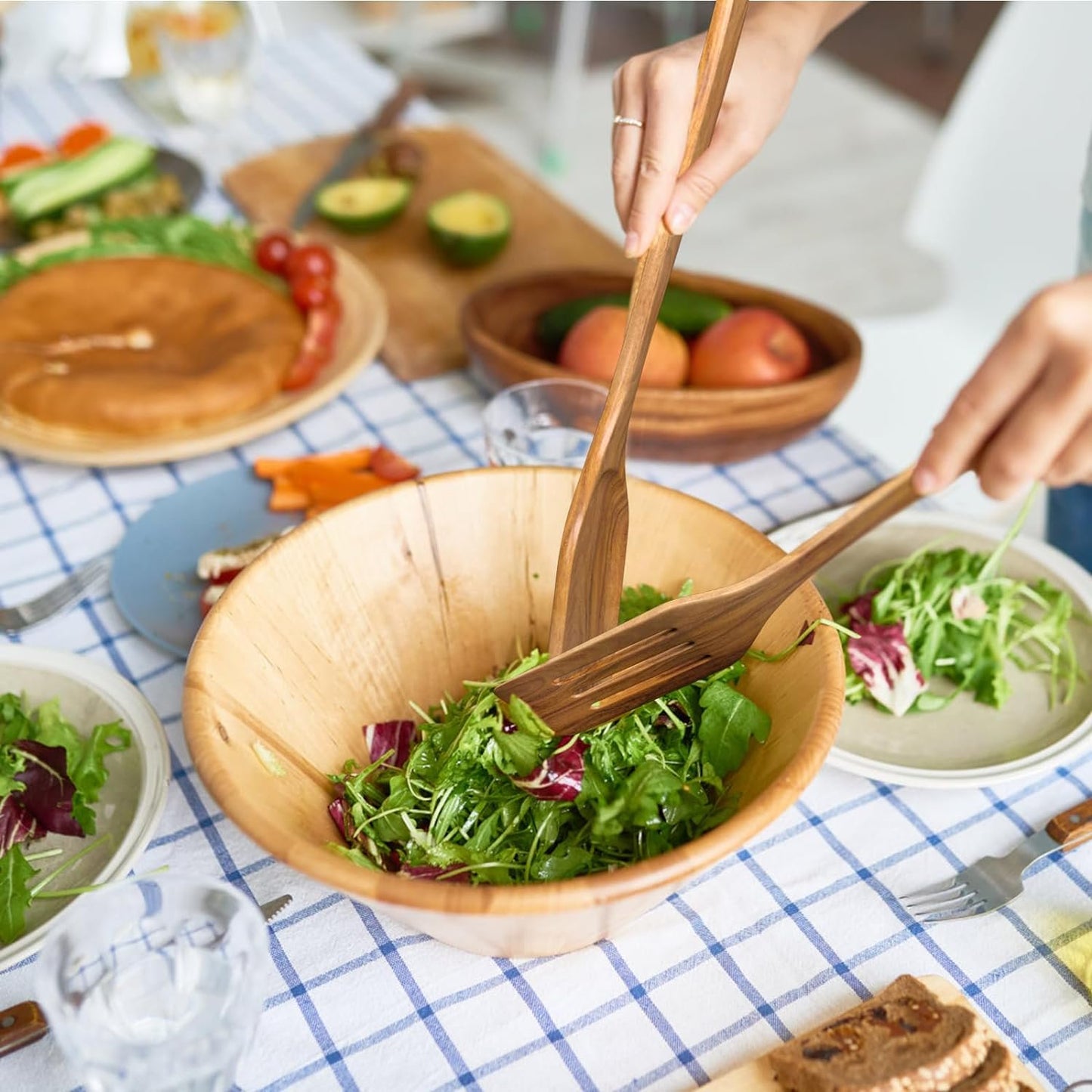 Anoak Wooden Spoons for Cooking - 7pc Wooden Kitchen Utensil Set made of Natural Solid Wood Material - Includes Spoons, Spatulas, Ladles, Strainer Spoon, Salad Fork, Mixing Spoon and Utensil Holder