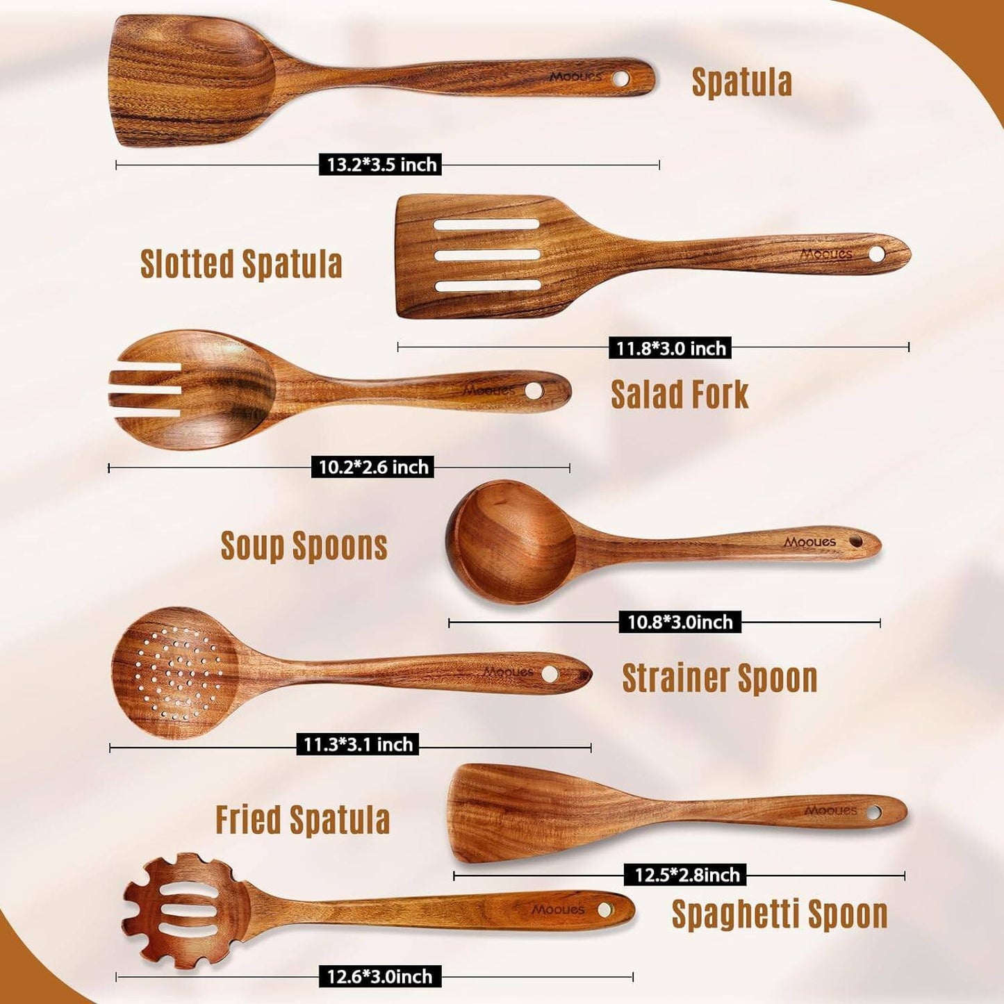 Anoak Wooden Spoons for Cooking - 7pc Wooden Kitchen Utensil Set made of Natural Solid Wood Material - Includes Spoons, Spatulas, Ladles, Strainer Spoon, Salad Fork, Mixing Spoon and Utensil Holder